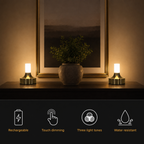 Gold table lamp glowing by windows with a row of small feature icons below.