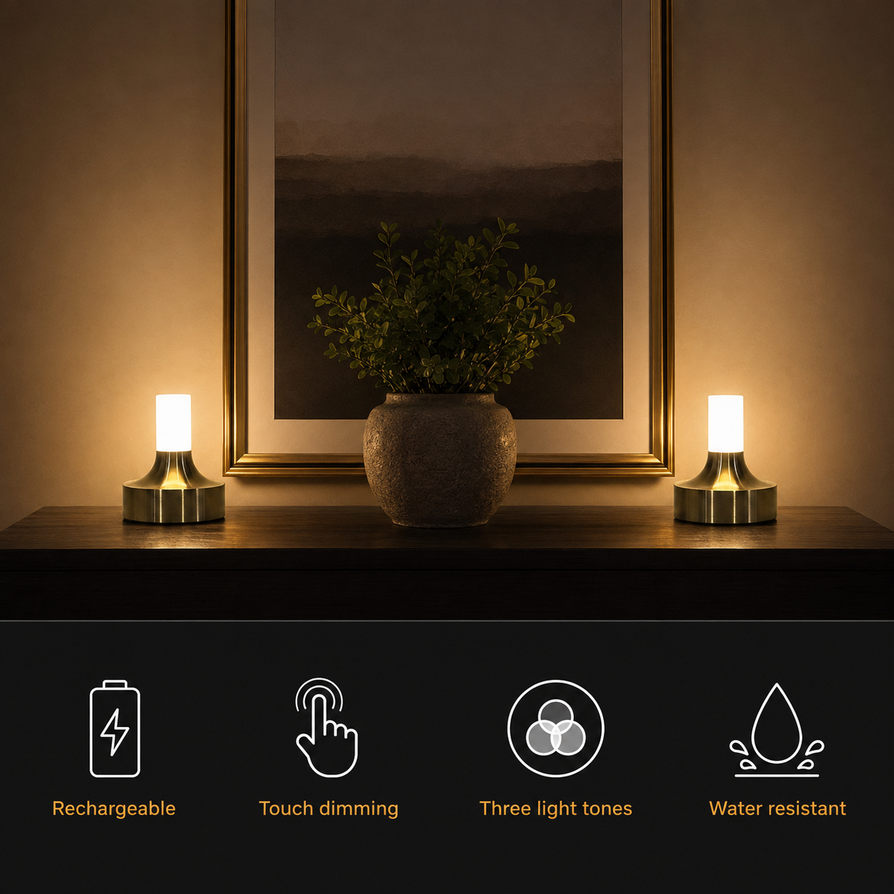 Gold table lamp glowing by windows with a row of small feature icons below.