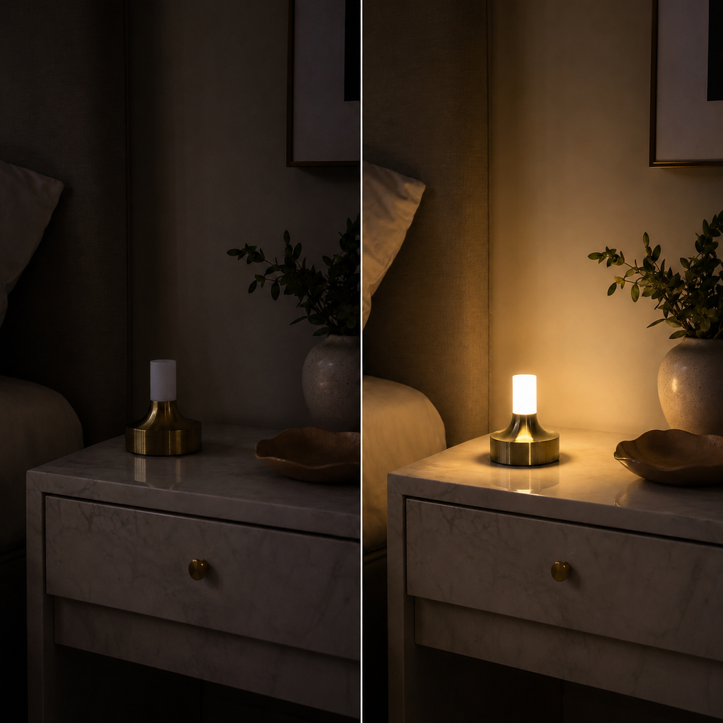 Table lamp shown in two side-by-side bedside scenes, one darker and one illuminated.
