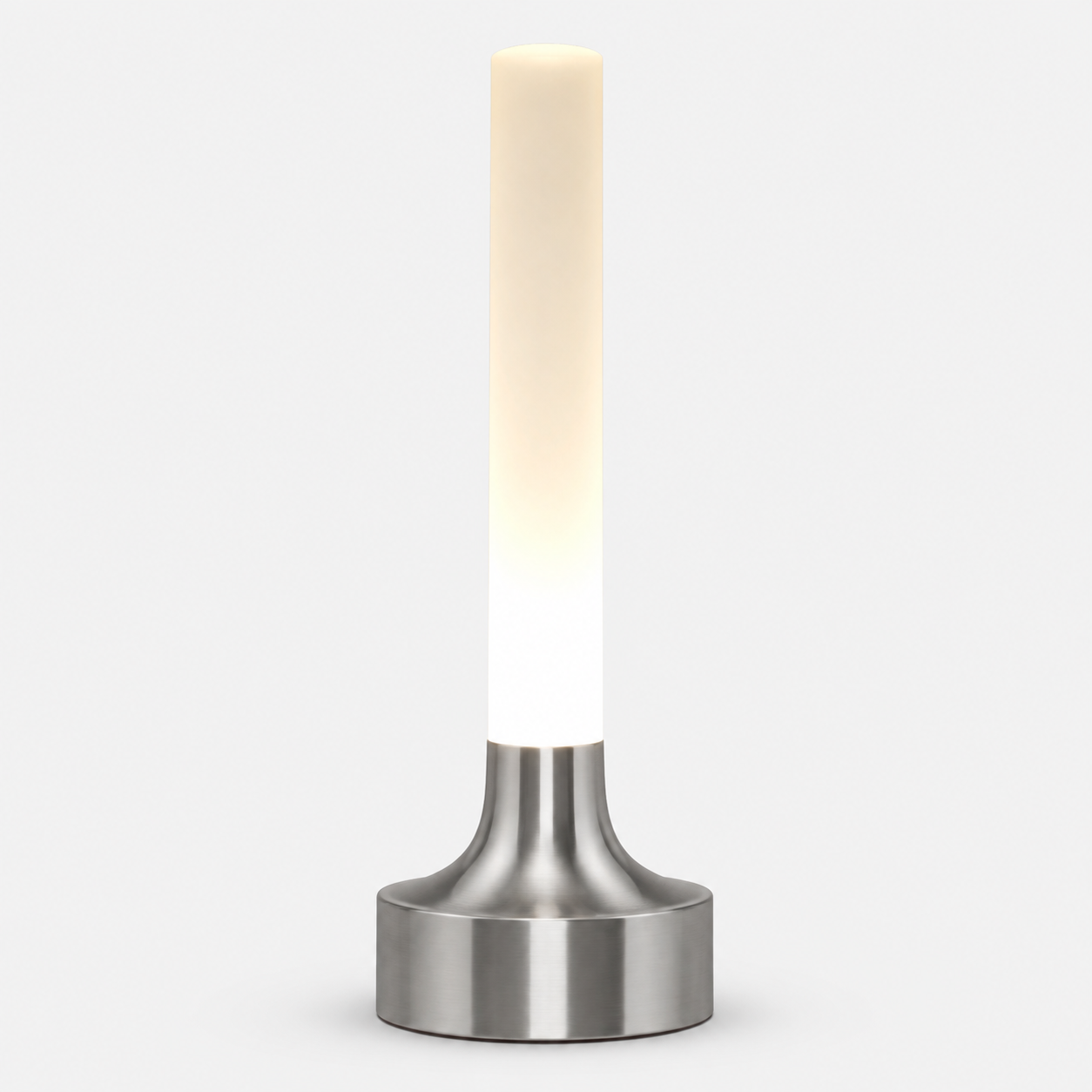 Tall silver table lamp with a slim white illuminated shade on a plain background.