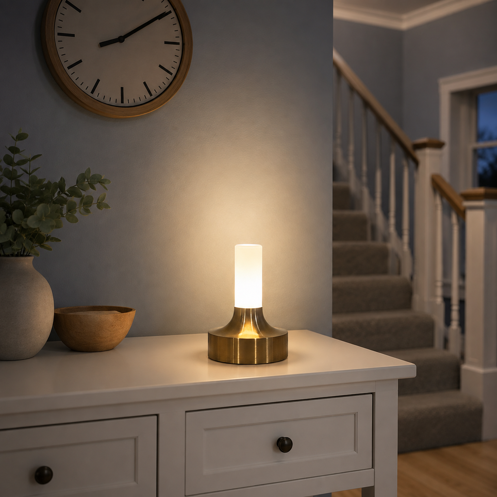 Gold table lamp glowing on a white nightstand beneath a wall clock.