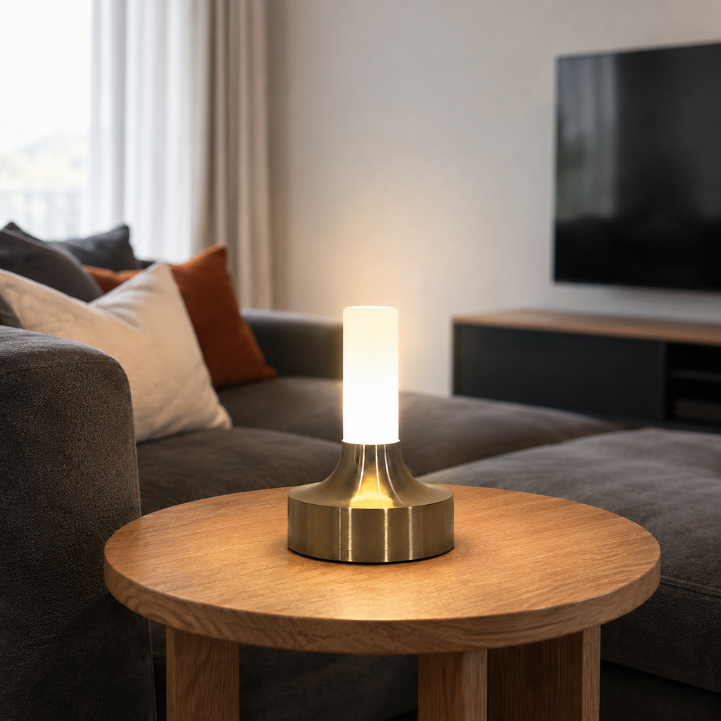 Gold table lamp glowing on a round coffee table beside a sofa and television.