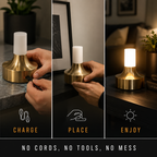 Gold table lamp three-step graphic showing charging, placement, and the lamp switched on.