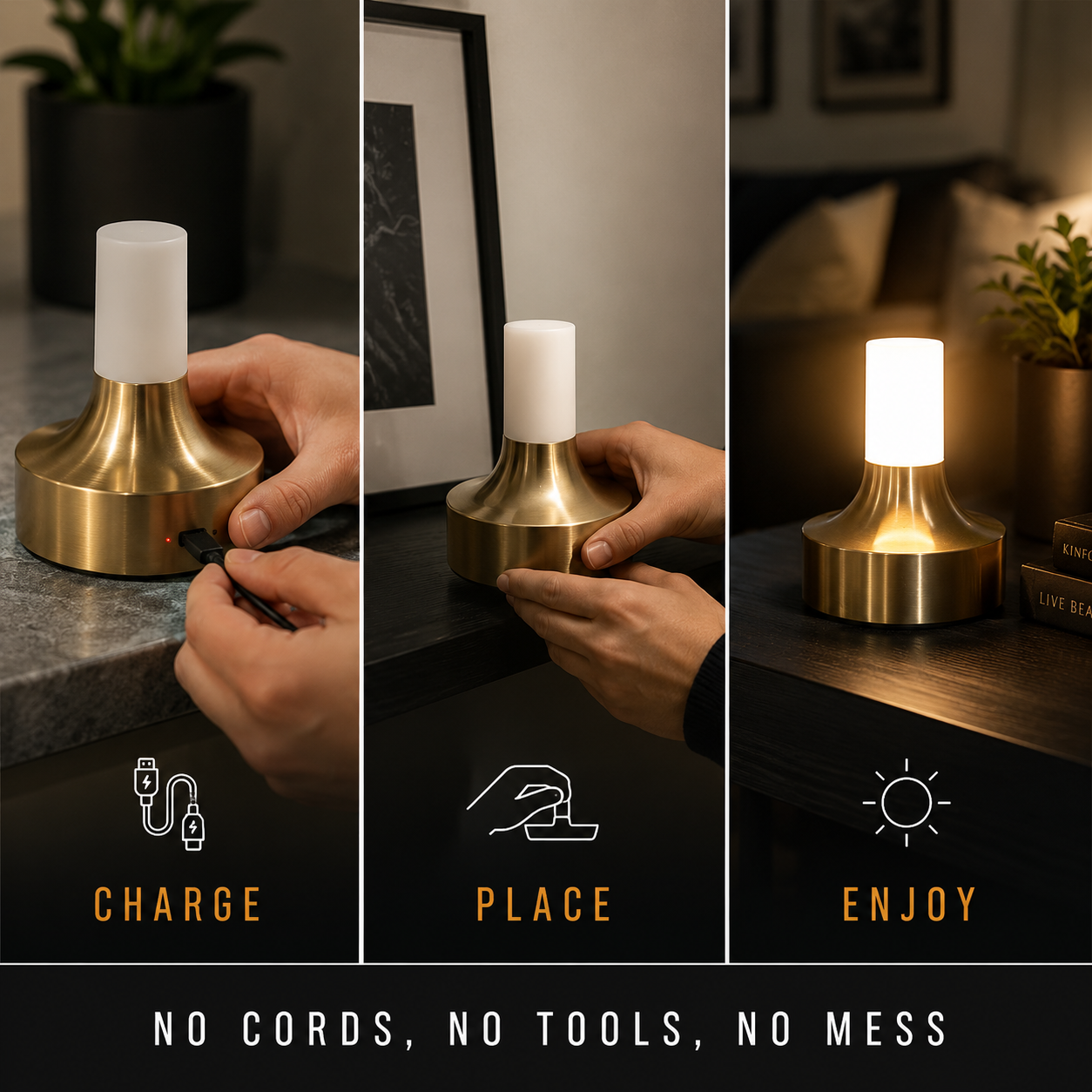 Gold table lamp three-step graphic showing charging, placement, and the lamp switched on.