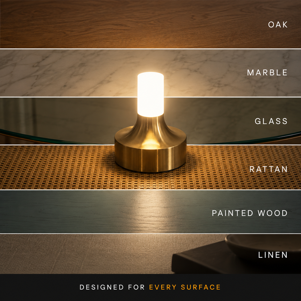Gold table lamp shown against oak, marble, glass, rattan, painted wood, and linen surfaces.