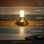 Gold table lamp shown against oak, marble, glass, rattan, painted wood, and linen surfaces.