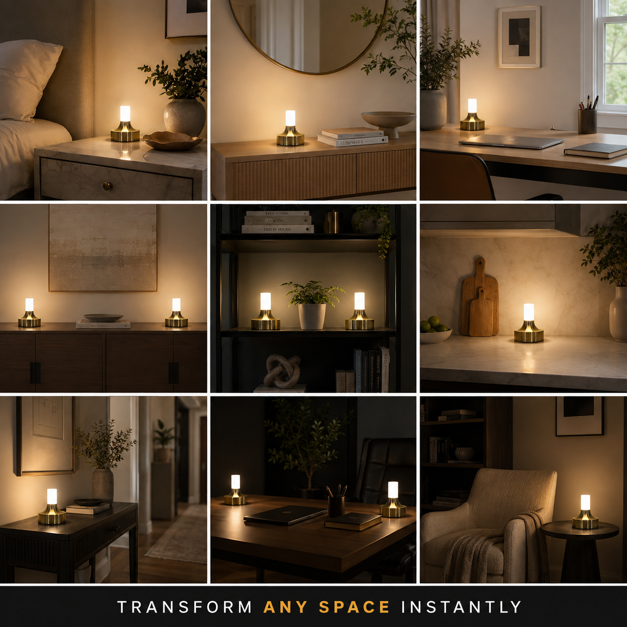Gold table lamp shown glowing in a nine-scene grid of different interior settings.