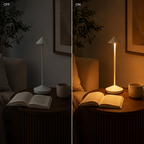Side-by-side comparison of the white table lamp switched off and illuminated.