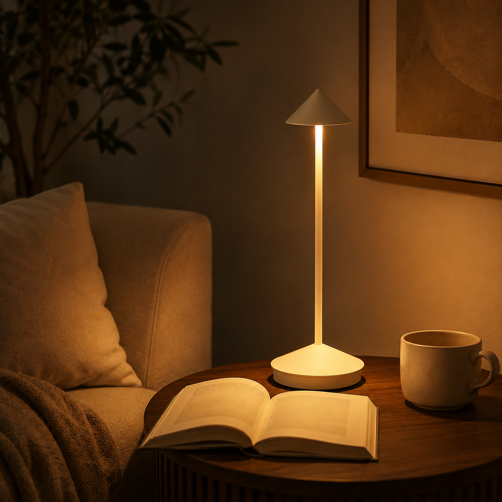 White cordless table lamp glowing beside a book and mug in a cozy reading area.