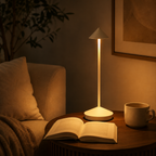 White cordless table lamp glowing beside a book and mug in a cozy reading area.
