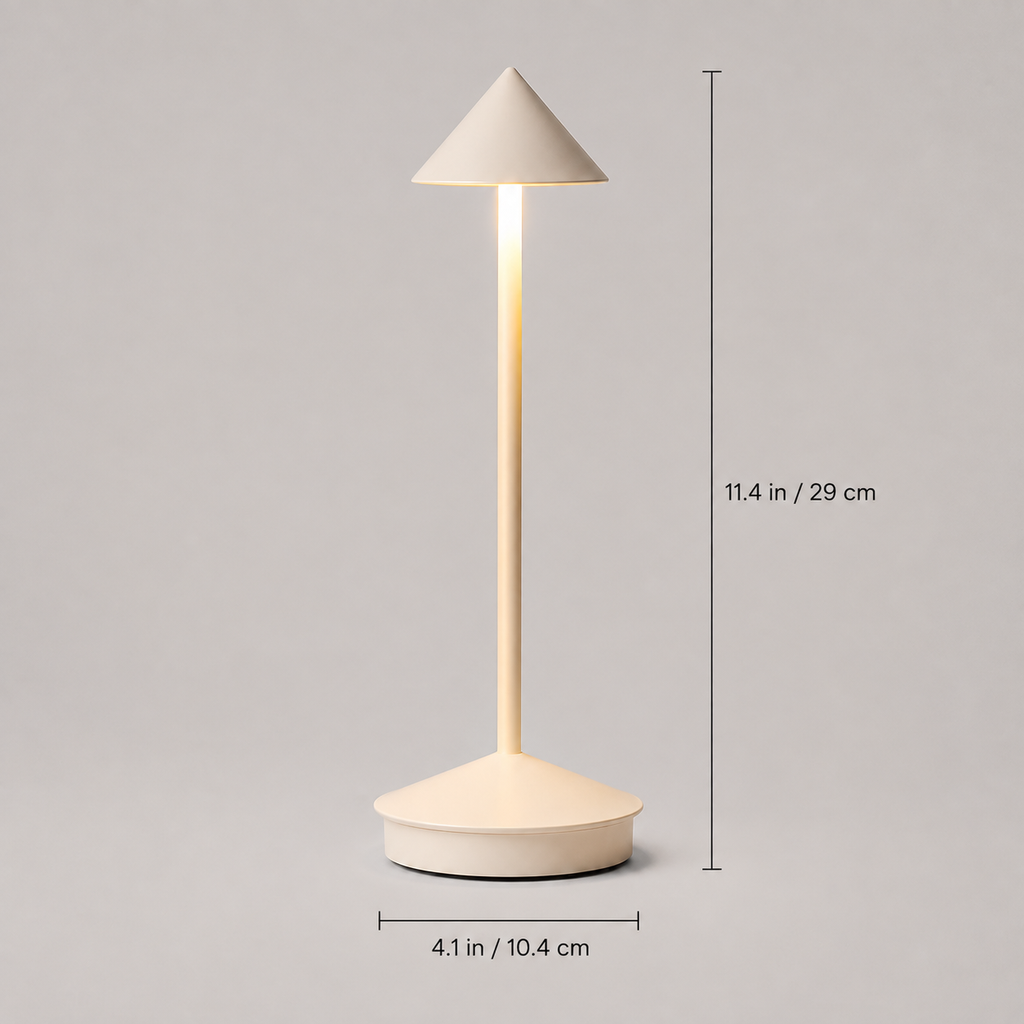 White cordless table lamp shown with product height and base-width dimensions.