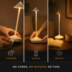 White rechargeable table lamp demonstrating charging, placement, and illumination.