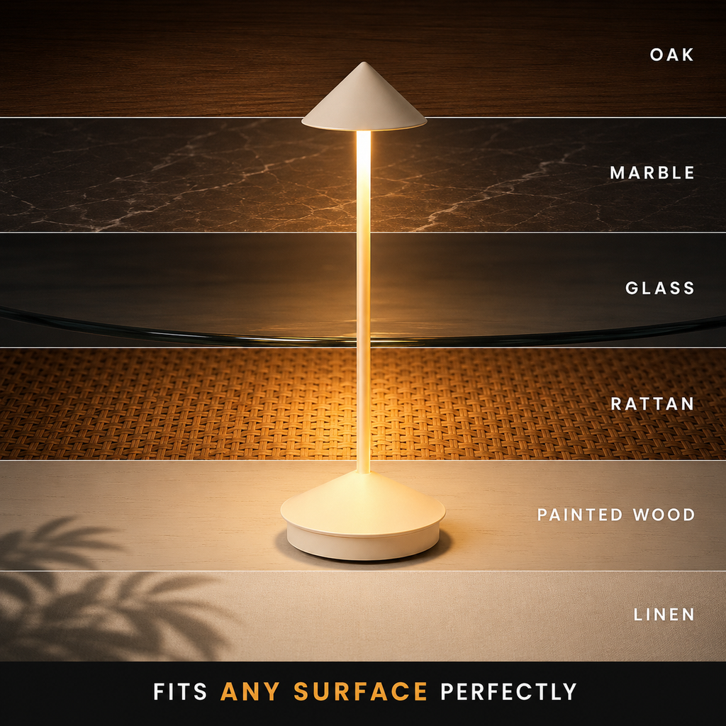 White cordless table lamp displayed on oak, marble, glass, rattan, painted wood, and linen surfaces.