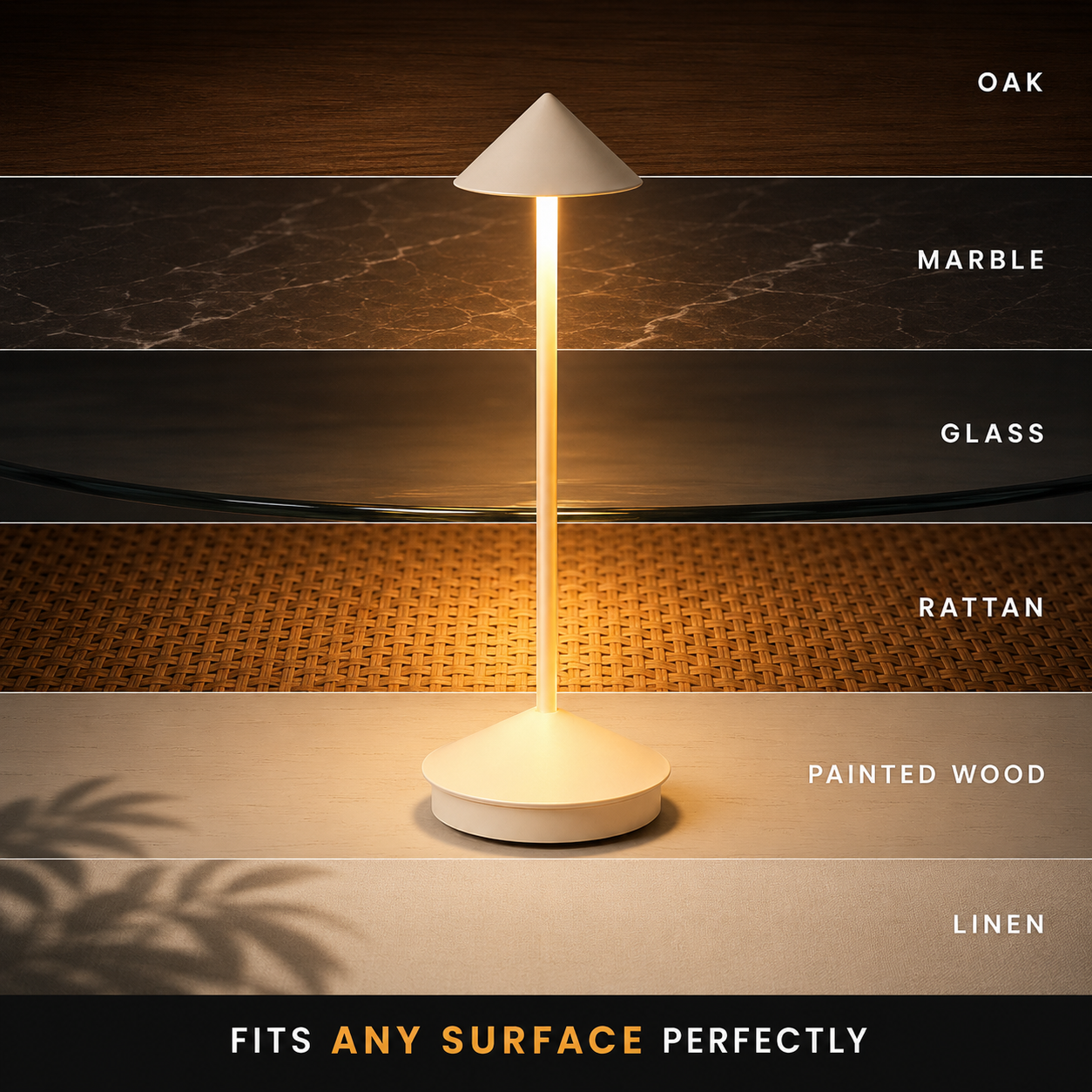 White cordless table lamp displayed on oak, marble, glass, rattan, painted wood, and linen surfaces.