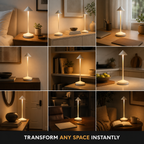 White cordless table lamp shown in multiple bedroom, desk, shelf, and living room settings.