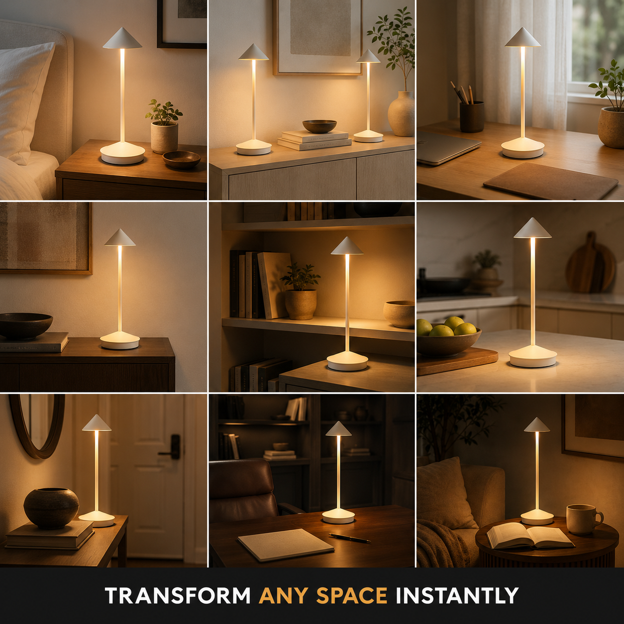 White cordless table lamp shown in multiple bedroom, desk, shelf, and living room settings.