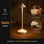 White rechargeable table lamp highlighting touch dimming, touch controls, and USB charging.