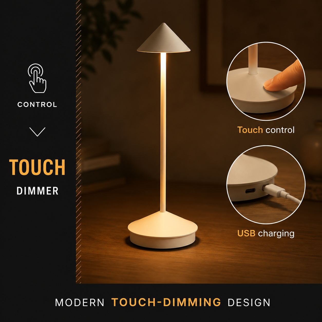 White rechargeable table lamp highlighting touch dimming, touch controls, and USB charging.