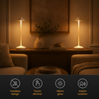 Pair of white cordless table lamps in a warm bedroom with product feature icons.