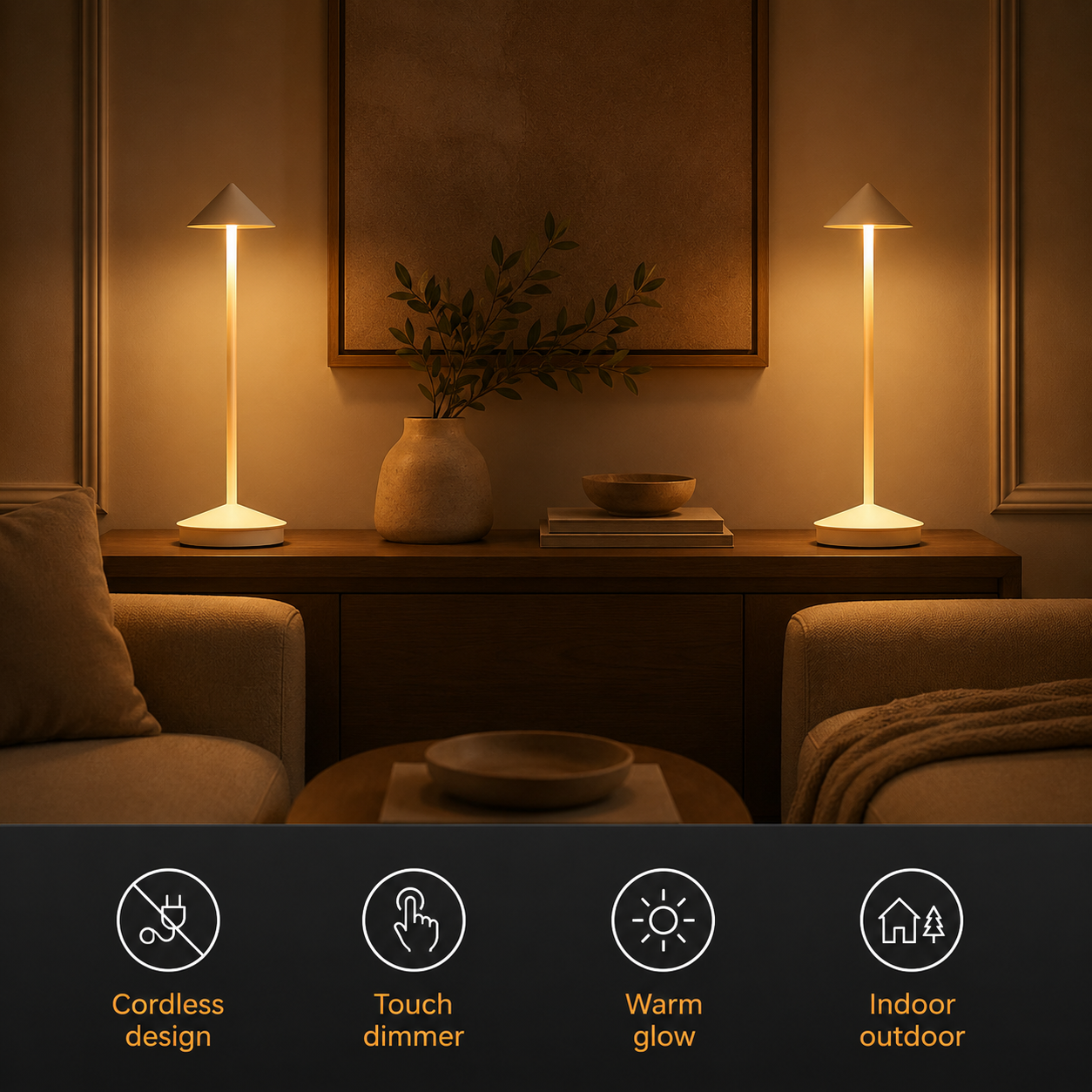 Pair of white cordless table lamps in a warm bedroom with product feature icons.
