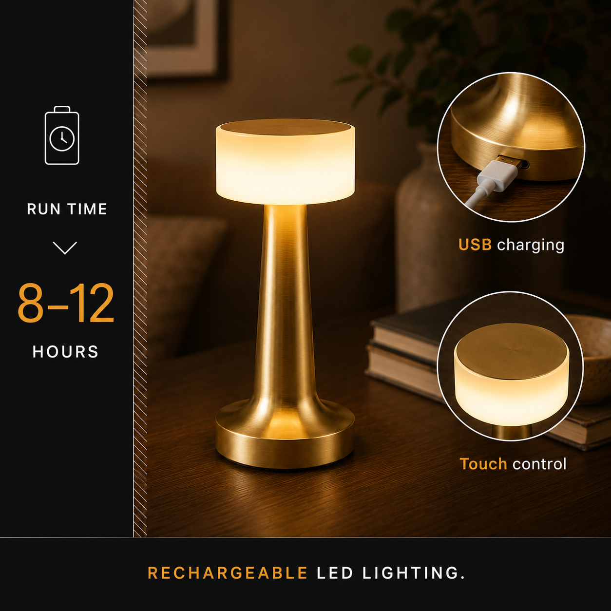 Table lamp feature graphic showing 8–12 hours, USB charging, and touch control.