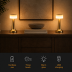 Two glowing table lamp units arranged on a console with books, a bowl, and benefit icons below.