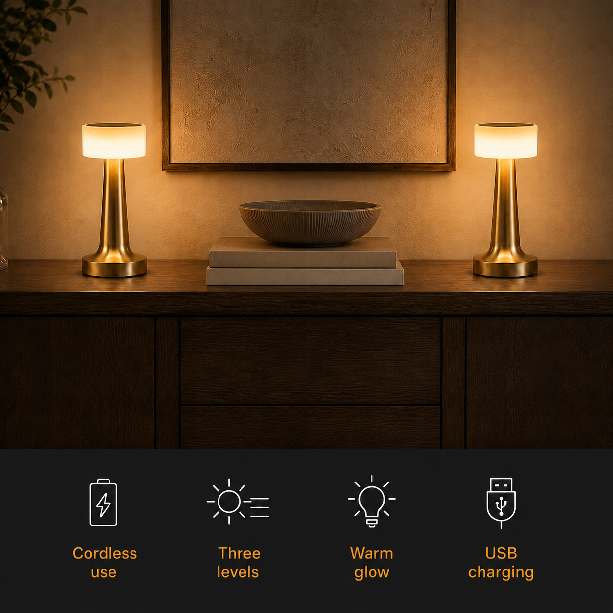 Two glowing table lamp units arranged on a console with books, a bowl, and benefit icons below.