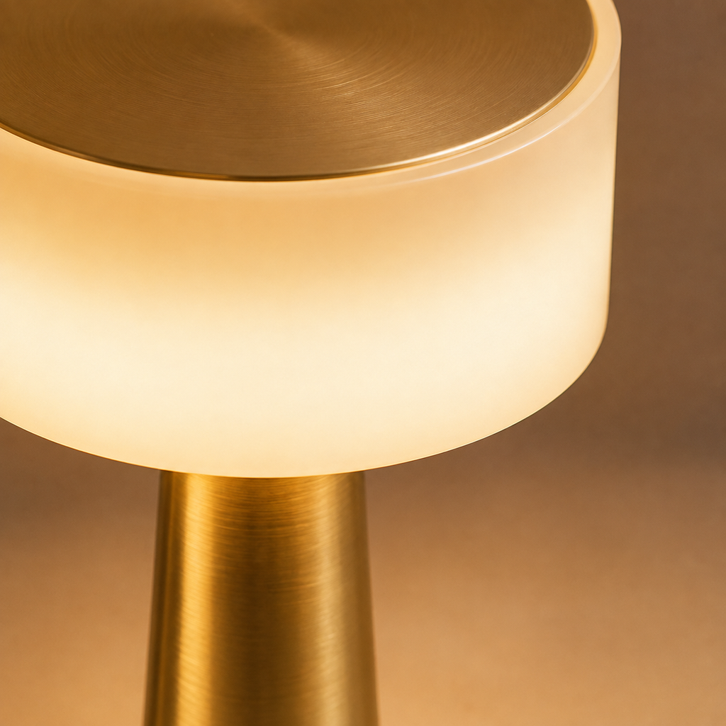 Close-up of the table lamp showing the glowing white shade, gold top, and tapered stem.