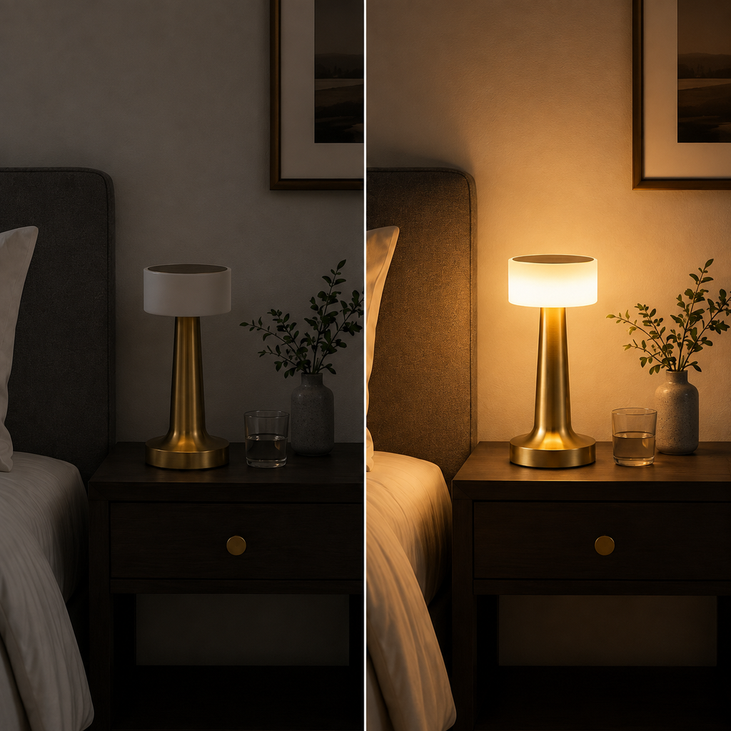 Table lamp shown off and on in a split bedside comparison.