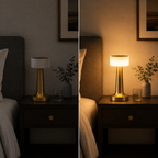 Table lamp shown off and on in a split bedside comparison.