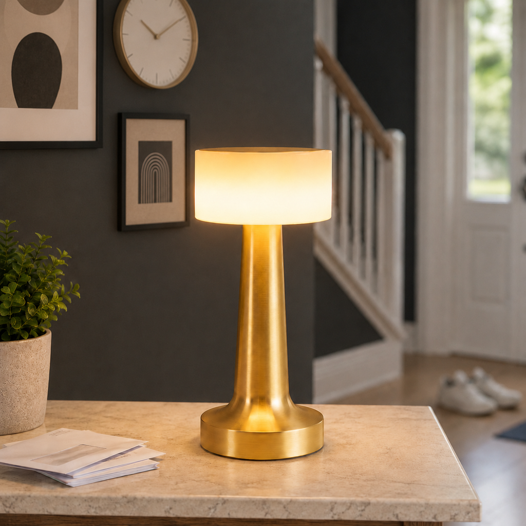 Gold table lamp glowing on a console beside framed wall art and a staircase.