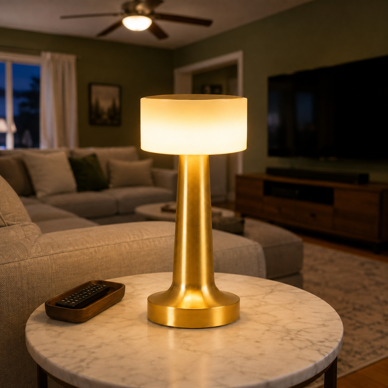 Gold table lamp lit on a round coffee table in a warmly furnished living room.