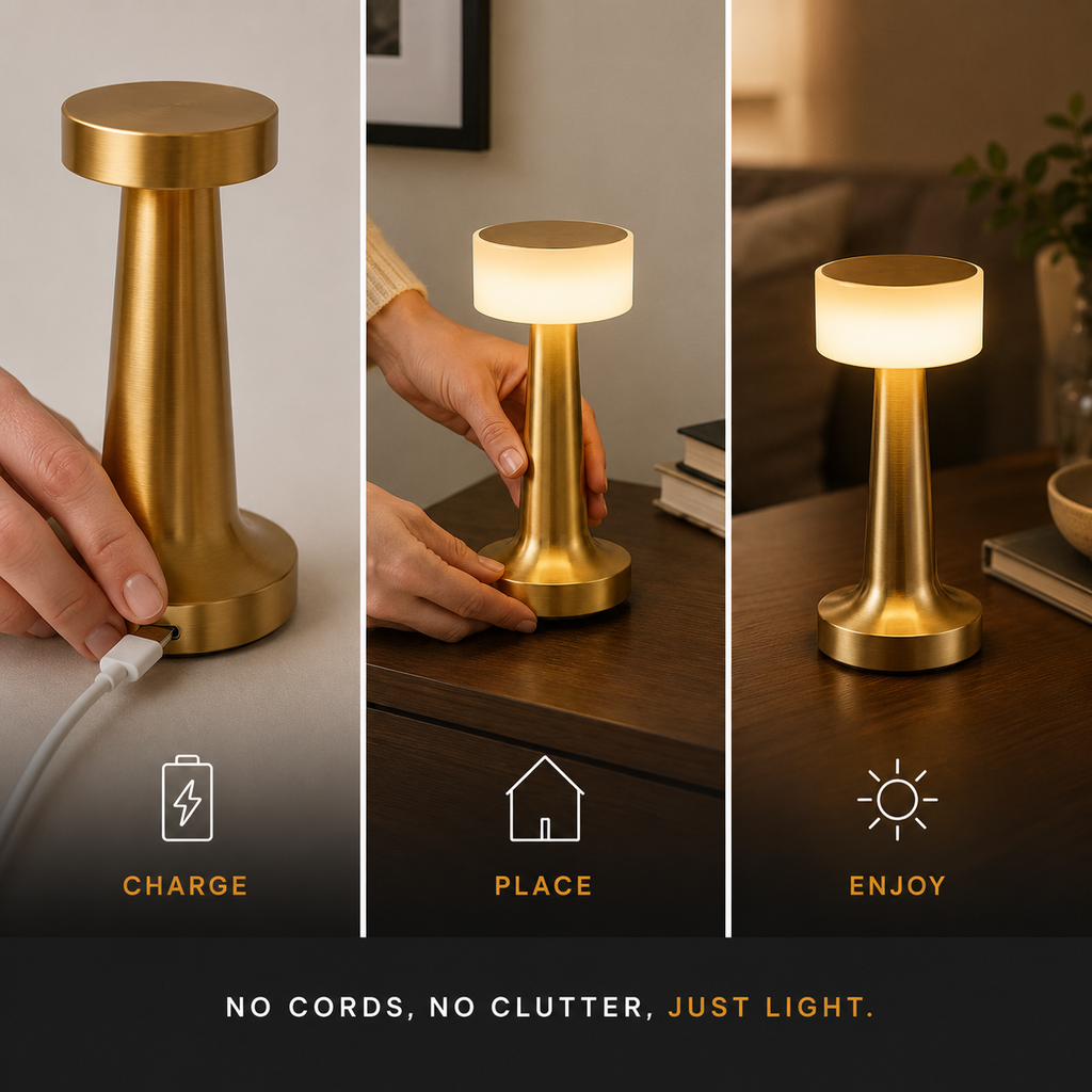 Table lamp three-step graphic showing charging, placement, and the lamp switched on.