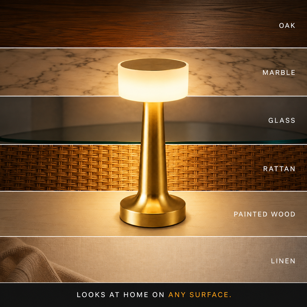 Table lamp shown against oak, marble, glass, rattan, painted wood, and linen surfaces.