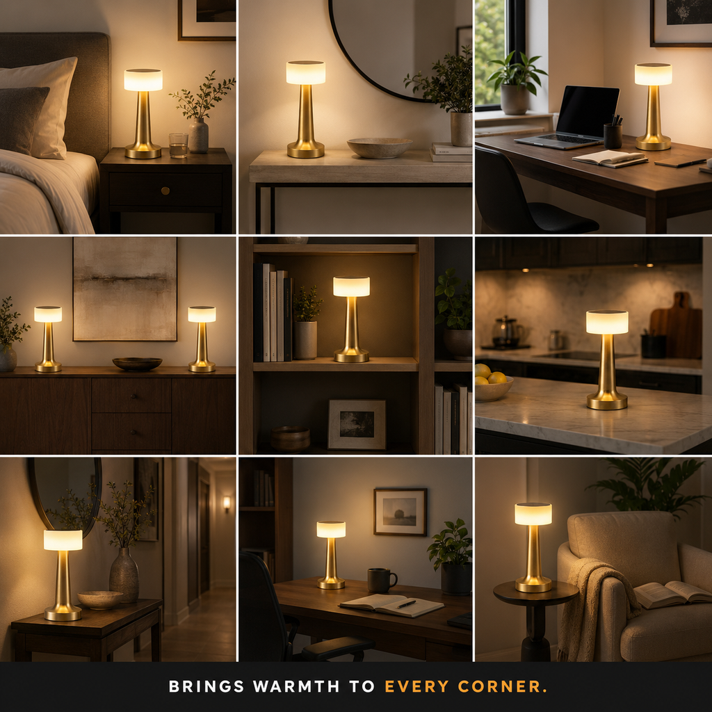 Table lamp displayed in a nine-room grid across desks, shelves, bedrooms, and living spaces.