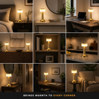Table lamp displayed in a nine-room grid across desks, shelves, bedrooms, and living spaces.