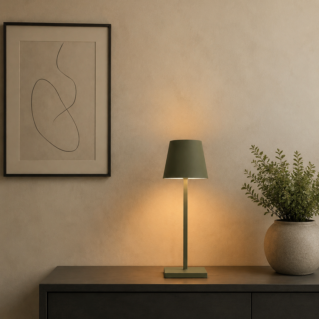 green rechargeable table lamp casting a warm pool of light