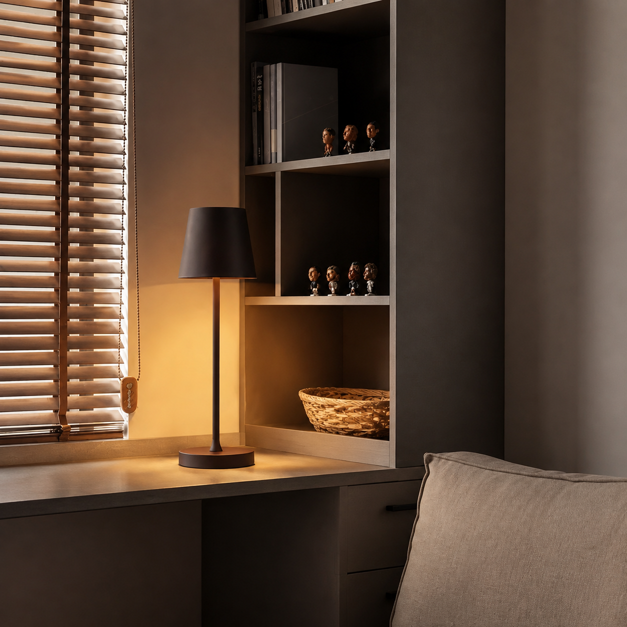 black rechargeable table lamp in a dark window-seat nook