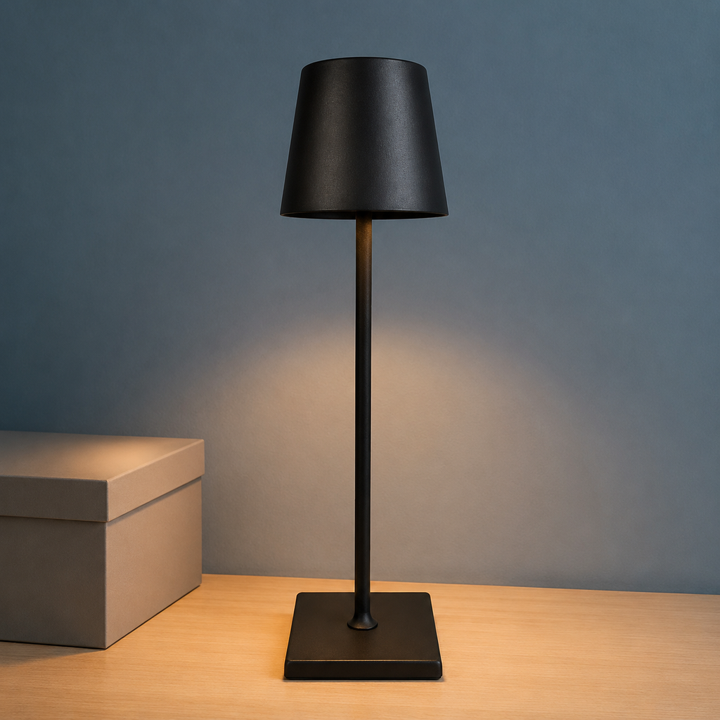 black rechargeable table lamp glowing against a blue wall