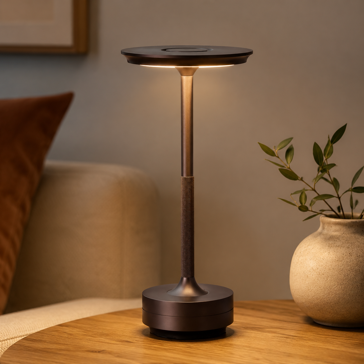 Gray rechargeable touch table lamp on a wood table.