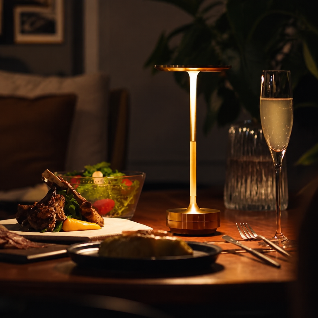 Gold rechargeable touch table lamp lighting a dining table.