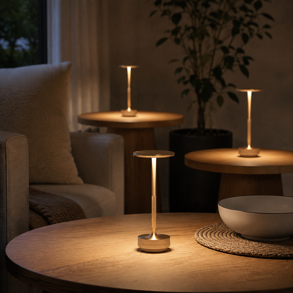 Rechargeable touch table lamps creating pools of warm light.