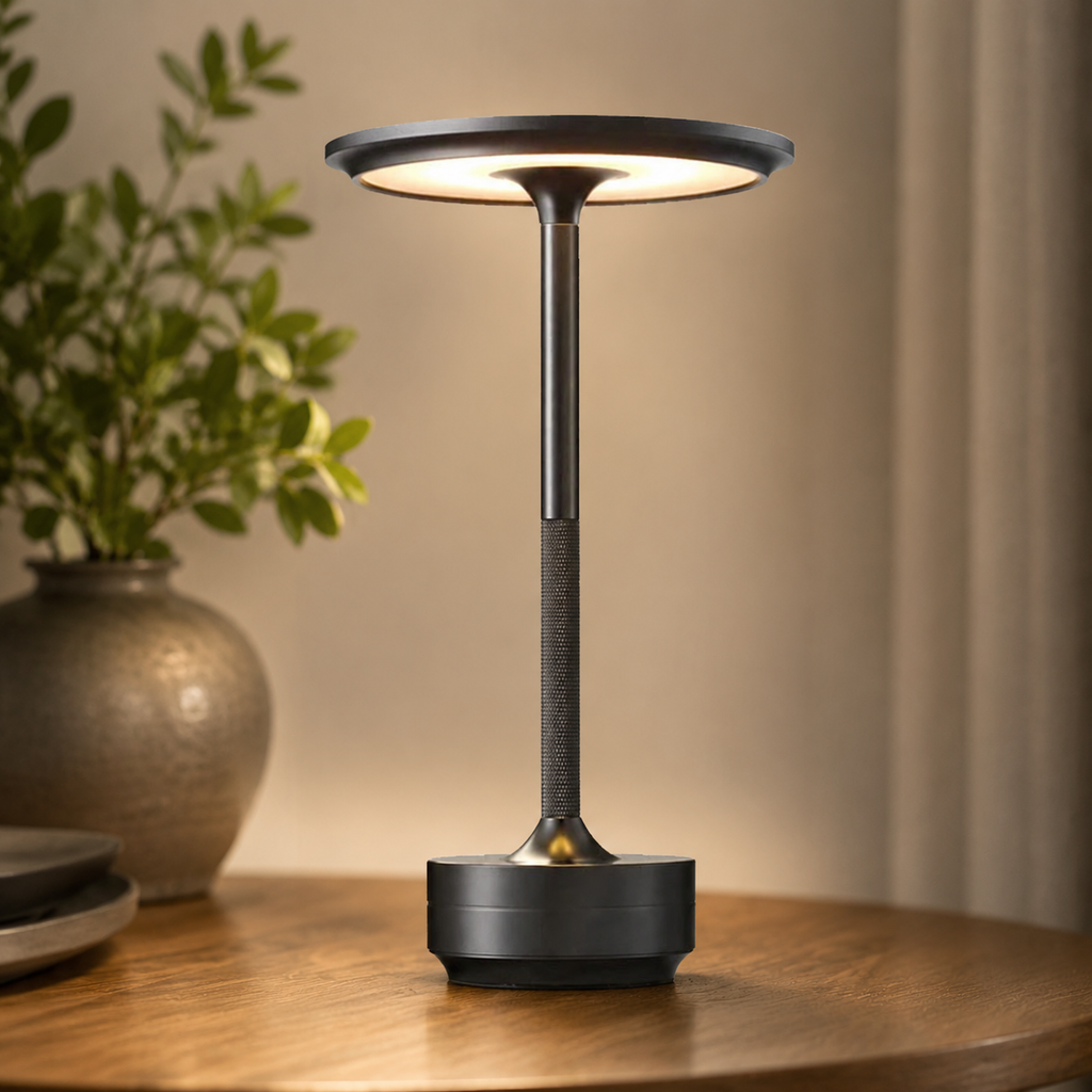 Gray rechargeable touch table lamp shown upright.
