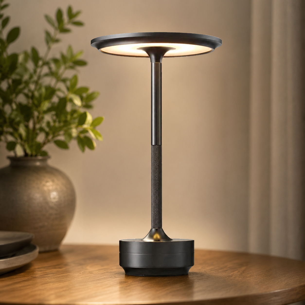 Gray rechargeable touch table lamp shown upright.