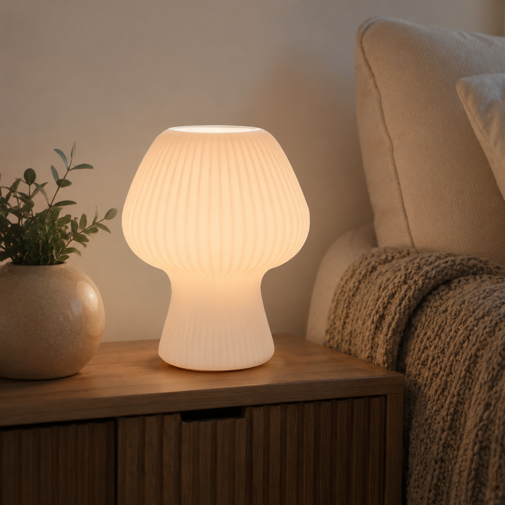 White ribbed glass mushroom table lamp glowing on a nightstand.