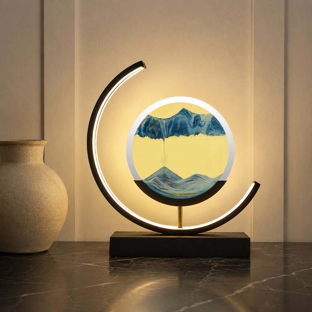 Blue quicksand table lamp with a black frame glowing in a sand-toned setting.