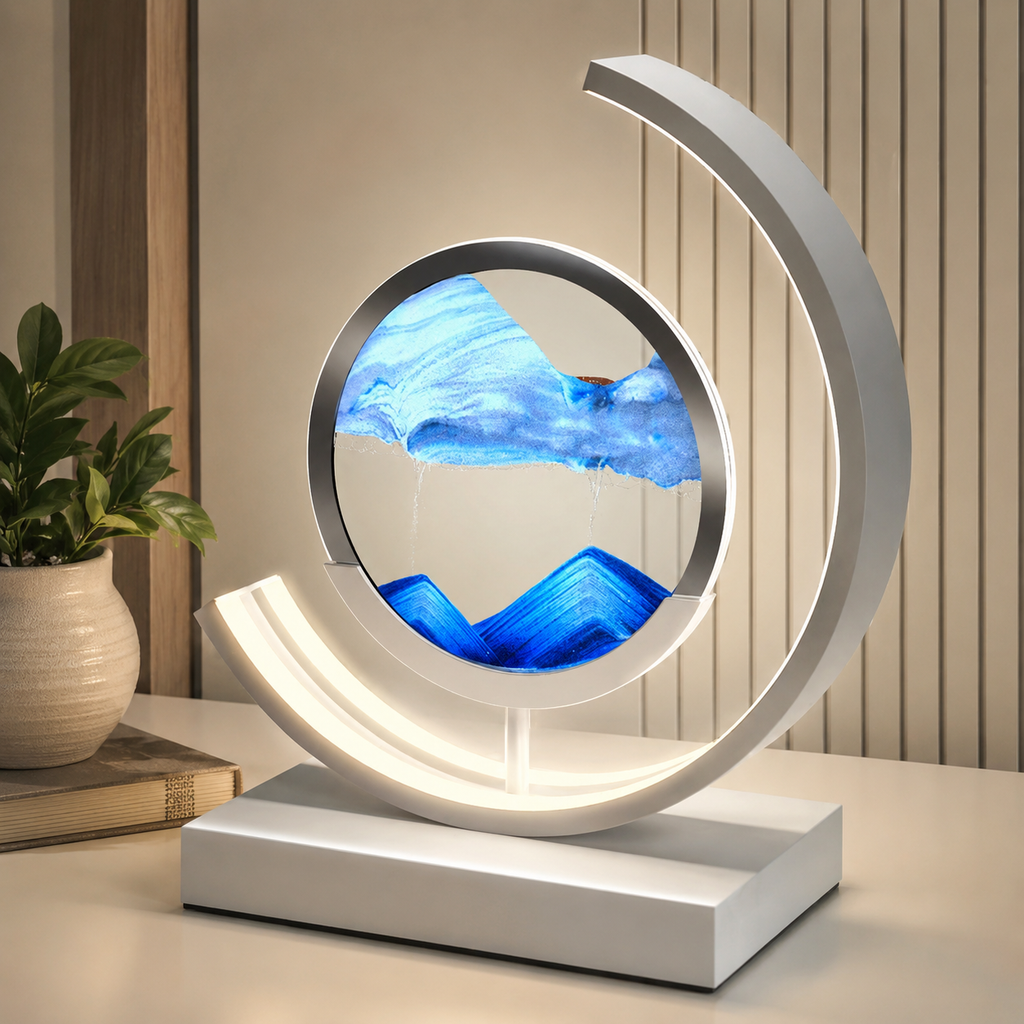 Blue quicksand table lamp with a white frame displayed on a bright desk.