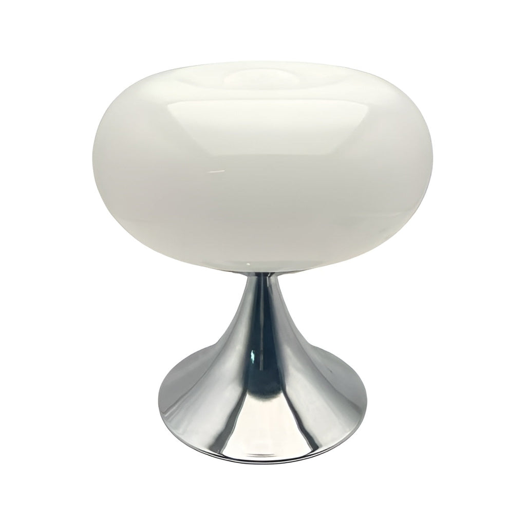 White donut table lamp with a polished metal pedestal on a plain background.