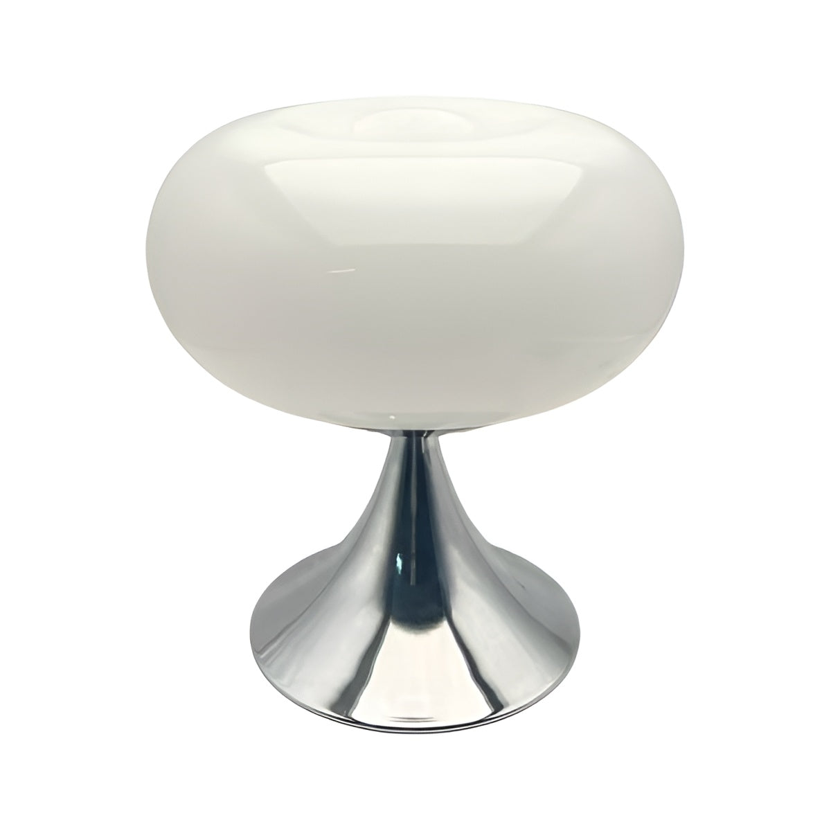 White donut table lamp with a polished metal pedestal on a plain background.