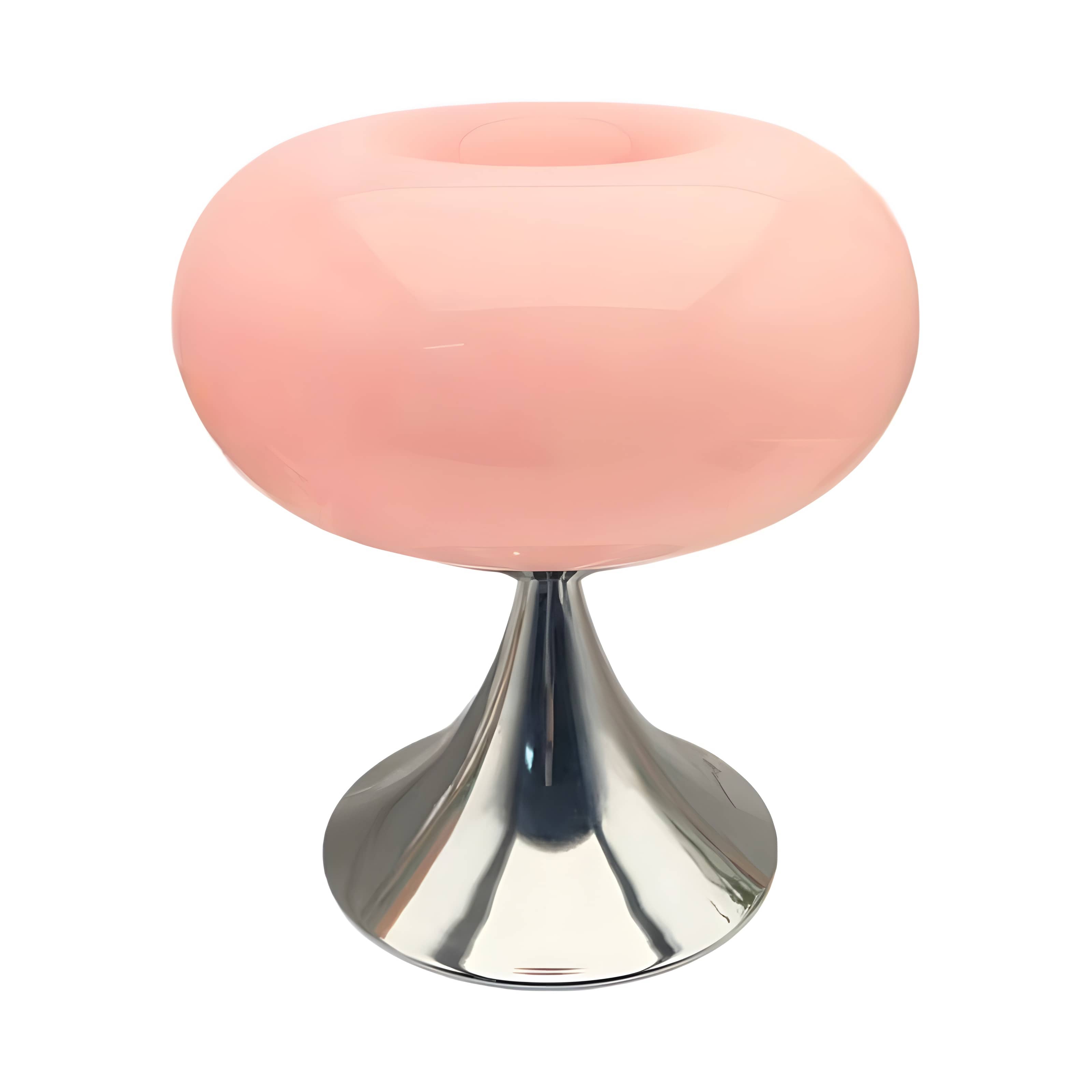 Pink donut table lamp with a rounded glass shade and metal pedestal.